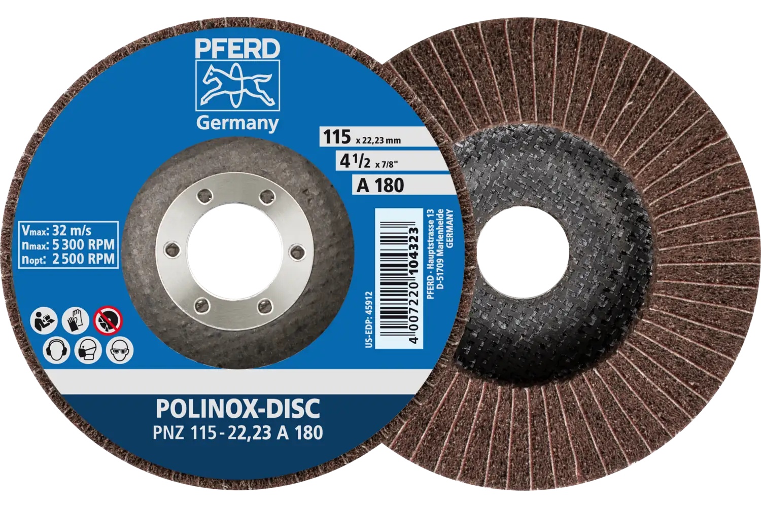 Picture of Pferd Polinox® Fibre-backing disc, 4-1/2"x 3/4 x 7/8, Interleaved, 180 Grit, Aluminum oxide